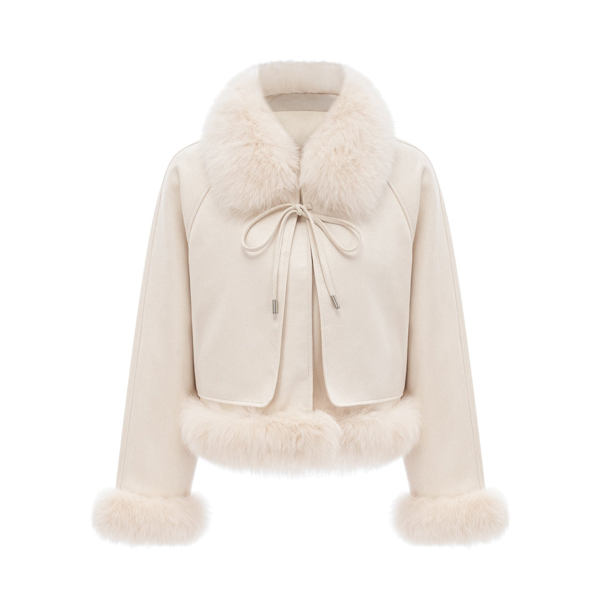 Woman wearing white suede short coat with fur trim and padded design
