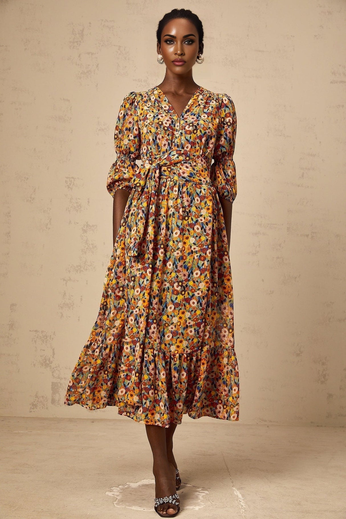 Woman wearing yellow midi dress with Vneck and floral print pattern standing in relaxed pose