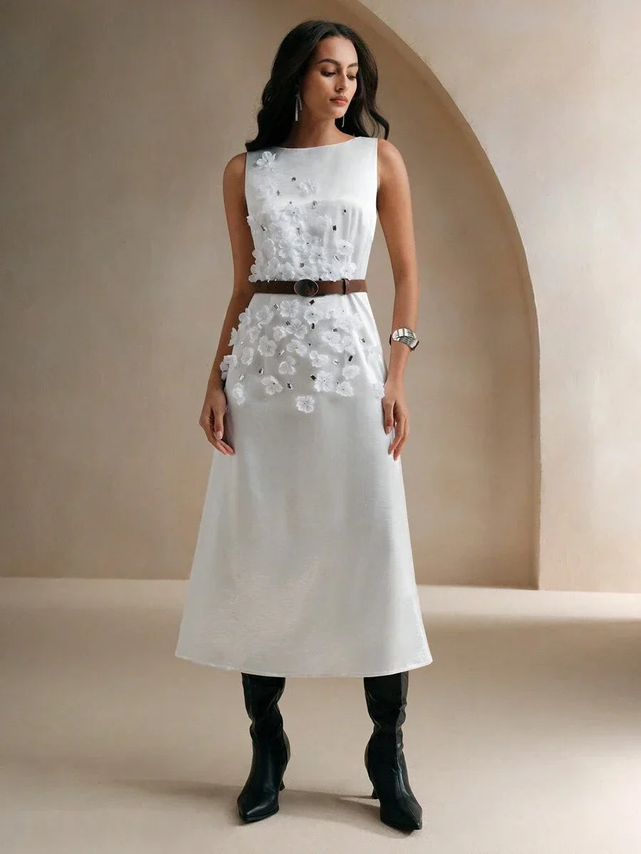 Women 3D Flower Decor Satin Long Dress Round Neck Sleeveless Elegant Dress