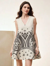Women Elegant Linen Blend Floral Print Sleeveless VNeck Dress Summer Vacation