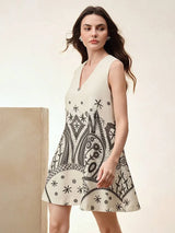Women Elegant Linen Blend Floral Print Sleeveless VNeck Dress Summer Vacation