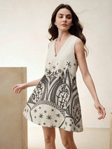 Women Elegant Linen Blend Floral Print Sleeveless VNeck Dress Summer Vacation