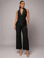 Womens Black Asymmetrical Wrap Collar Tie Waist Jumpsuit Set Elegant Office Wear Summer amp Autumn