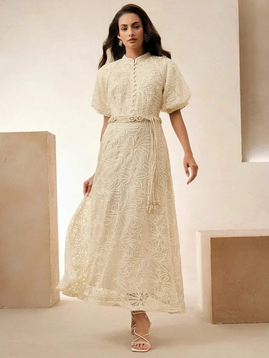 Womens Elegant French Style Lace Long Sleeve Cinched Waist Vintage Dress Comes With Belt Suitable