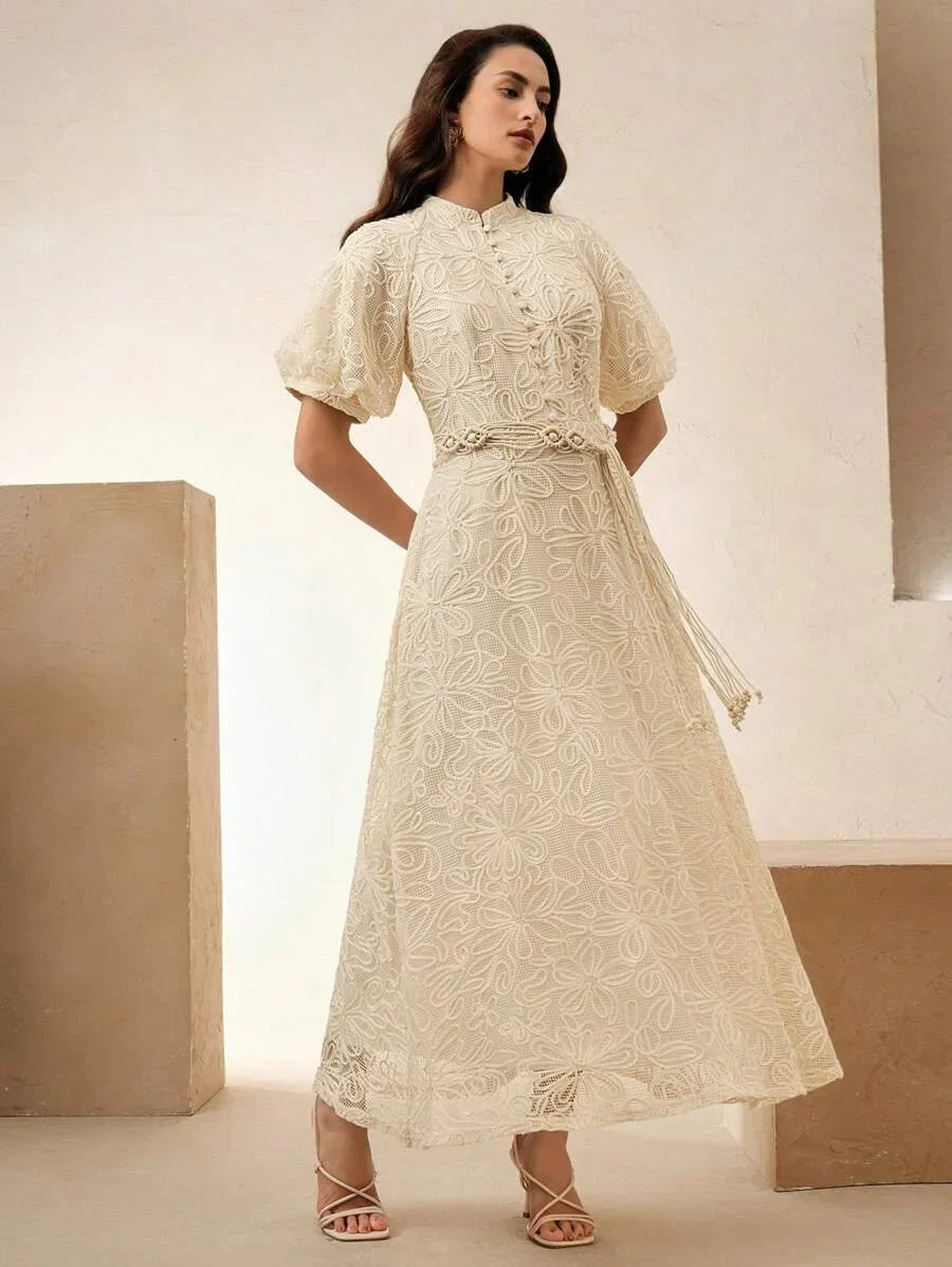 Womens Elegant French Style Lace Long Sleeve Cinched Waist Vintage Dress Comes With Belt Suitable