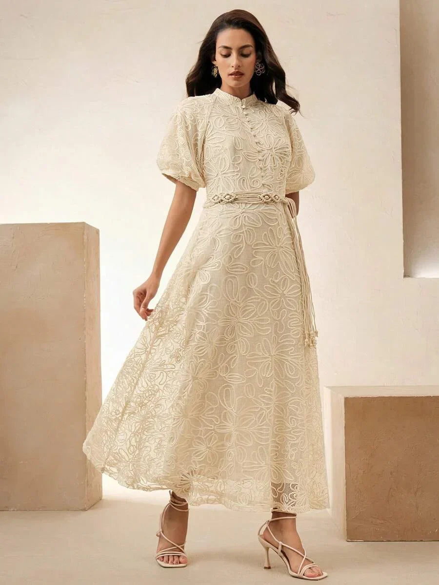 Womens Elegant French Style Lace Long Sleeve Cinched Waist Vintage Dress Comes With Belt Suitable