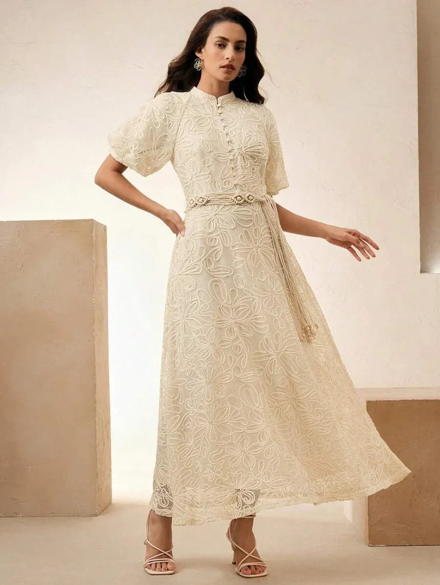 Womens Elegant French Style Lace Long Sleeve Cinched Waist Vintage Dress Comes With Belt Suitable