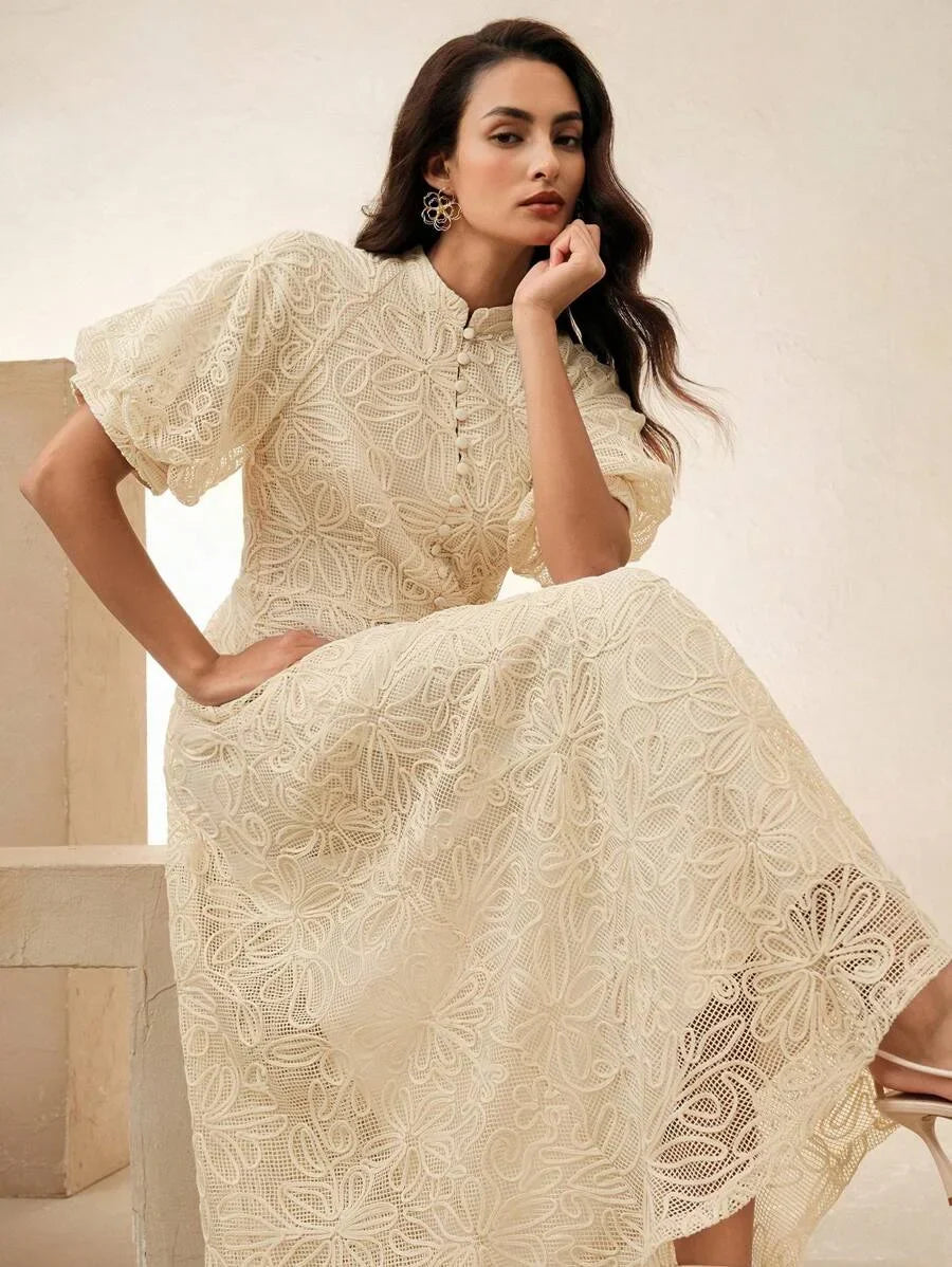 Womens Elegant French Style Lace Long Sleeve Cinched Waist Vintage Dress Comes With Belt Suitable