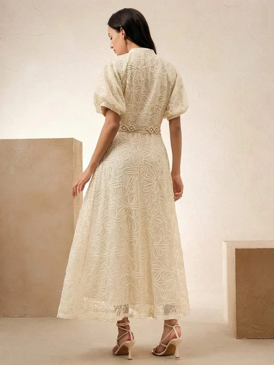 Womens Elegant French Style Lace Long Sleeve Cinched Waist Vintage Dress Comes With Belt Suitable