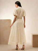 Womens Elegant French Style Lace Long Sleeve Cinched Waist Vintage Dress Comes With Belt Suitable