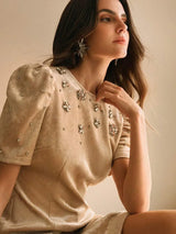 Womens HighEnd Studded Pearl Round Neck Puff Sleeve Velvet Mini Dress Elegant And Slimming New