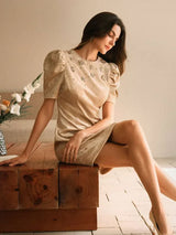 Womens HighEnd Studded Pearl Round Neck Puff Sleeve Velvet Mini Dress Elegant And Slimming New