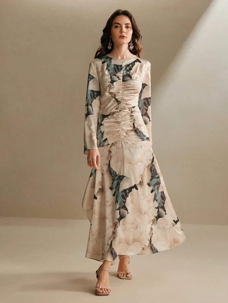 Womens Korean Style Asymmetrical Print Fitted Dress Slimming Design