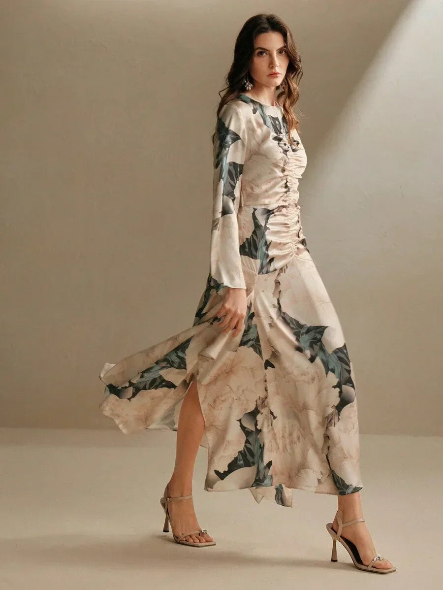 Womens Korean Style Asymmetrical Print Fitted Dress Slimming Design