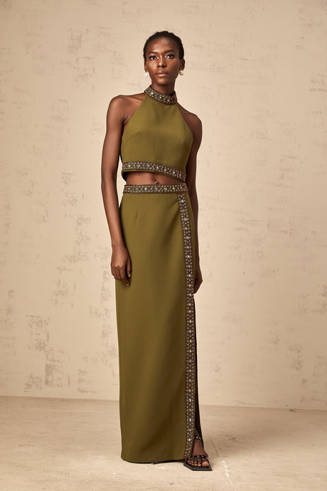 Womens matching set with green daisy print top and skirt featuring beaded trim details