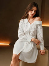 Womens Sleeveless Studded Shirt Dress Elegant One Shoulder Long Sleeve Lightweight Luxurious