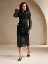 Womens SpringAutumn Long Sleeve Elegant French Lace Waist Slim Dress
