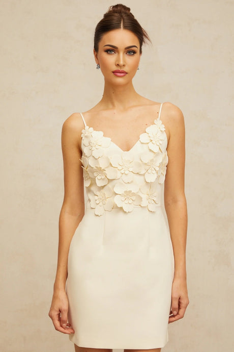 Xavière white Vneck 3dpetal mini dress