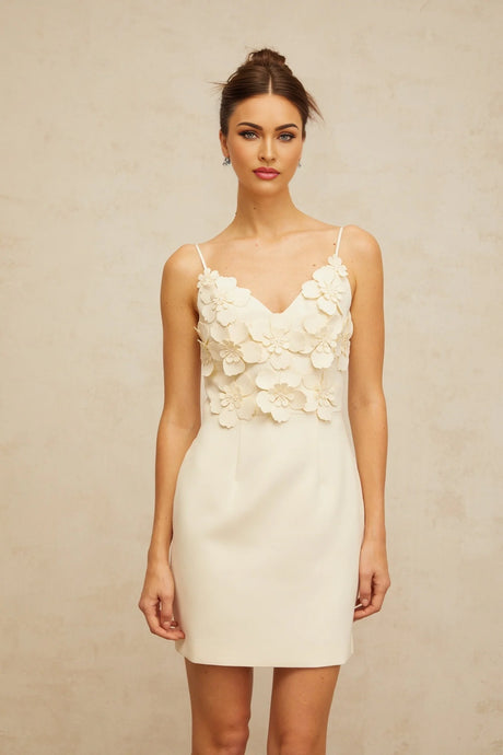 Xavière white Vneck 3dpetal mini dress
