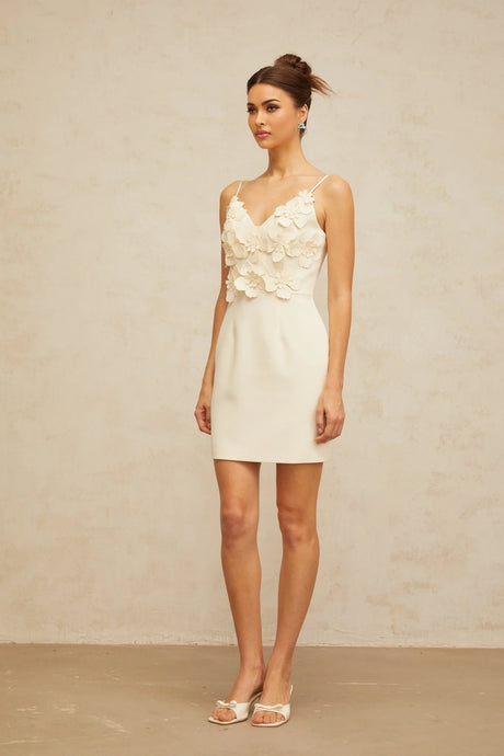 Xavière white Vneck 3dpetal mini dress