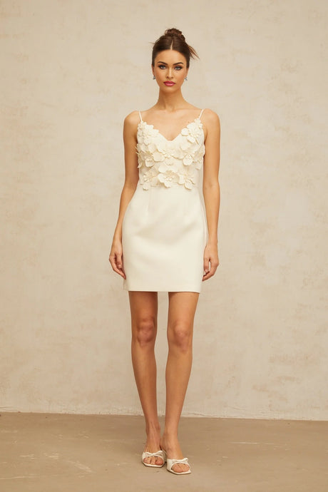 Xavière white Vneck 3dpetal mini dress