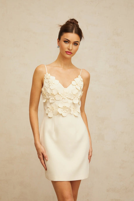 Xavière white Vneck 3dpetal mini dress