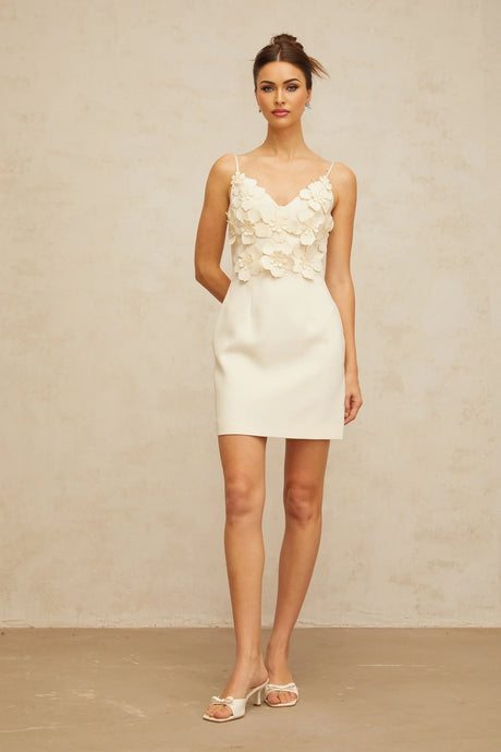 Xavière white Vneck 3dpetal mini dress
