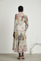 Yara Floral Print Midi Dress in Neutrals/Multicolor