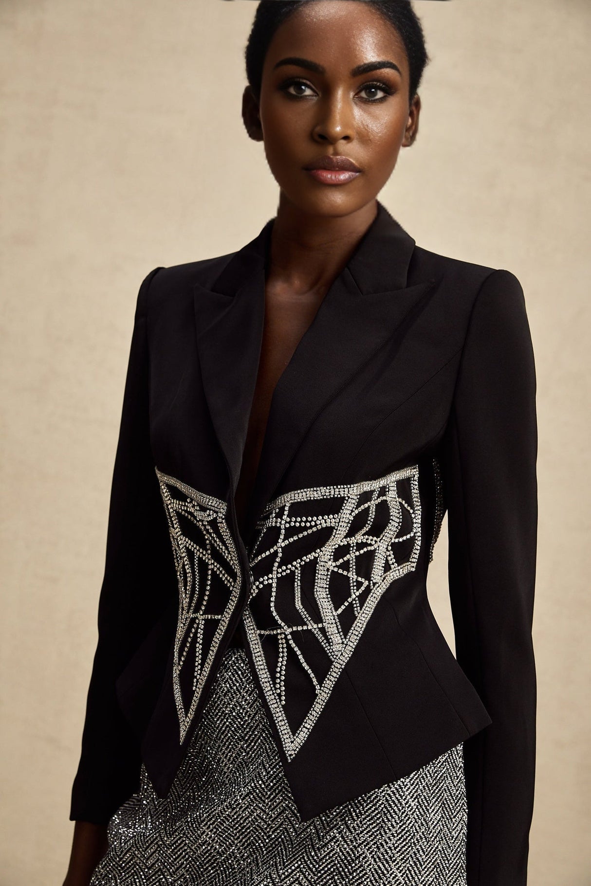 Yara Jacket Black Crystal Embellished Cinched Waist Slim Fit