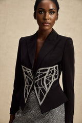 Yara Jacket Black Crystal Embellished Cinched Waist Slim Fit