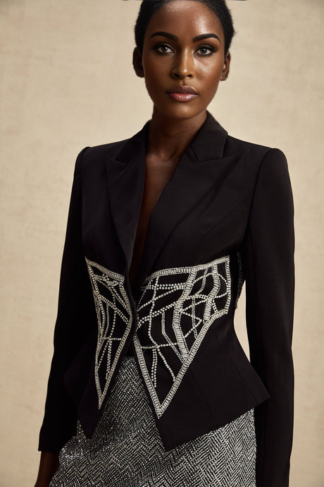 Yara Jacket Black Crystal Embellished Cinched Waist Slim Fit