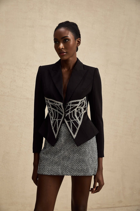 Yara Jacket Black Crystal Embellished Cinched Waist Slim Fit