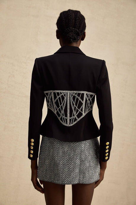 Yara Jacket Black Crystal Embellished Cinched Waist Slim Fit