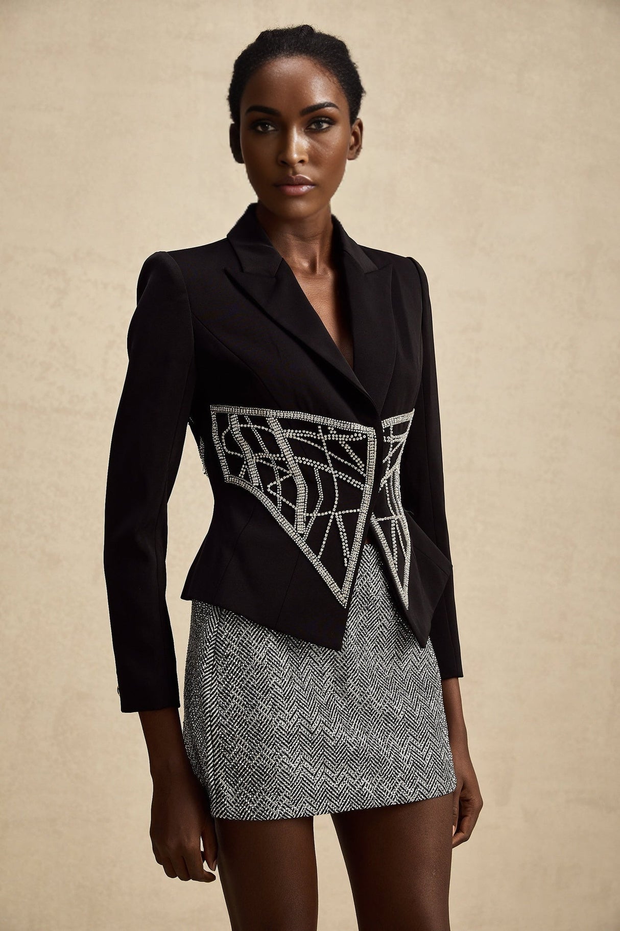 Yara Jacket Black Crystal Embellished Cinched Waist Slim Fit