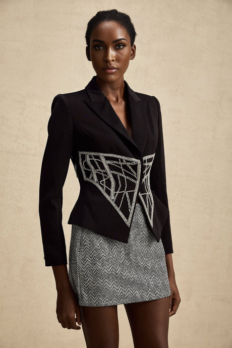 Yara Jacket Black Crystal Embellished Cinched Waist Slim Fit