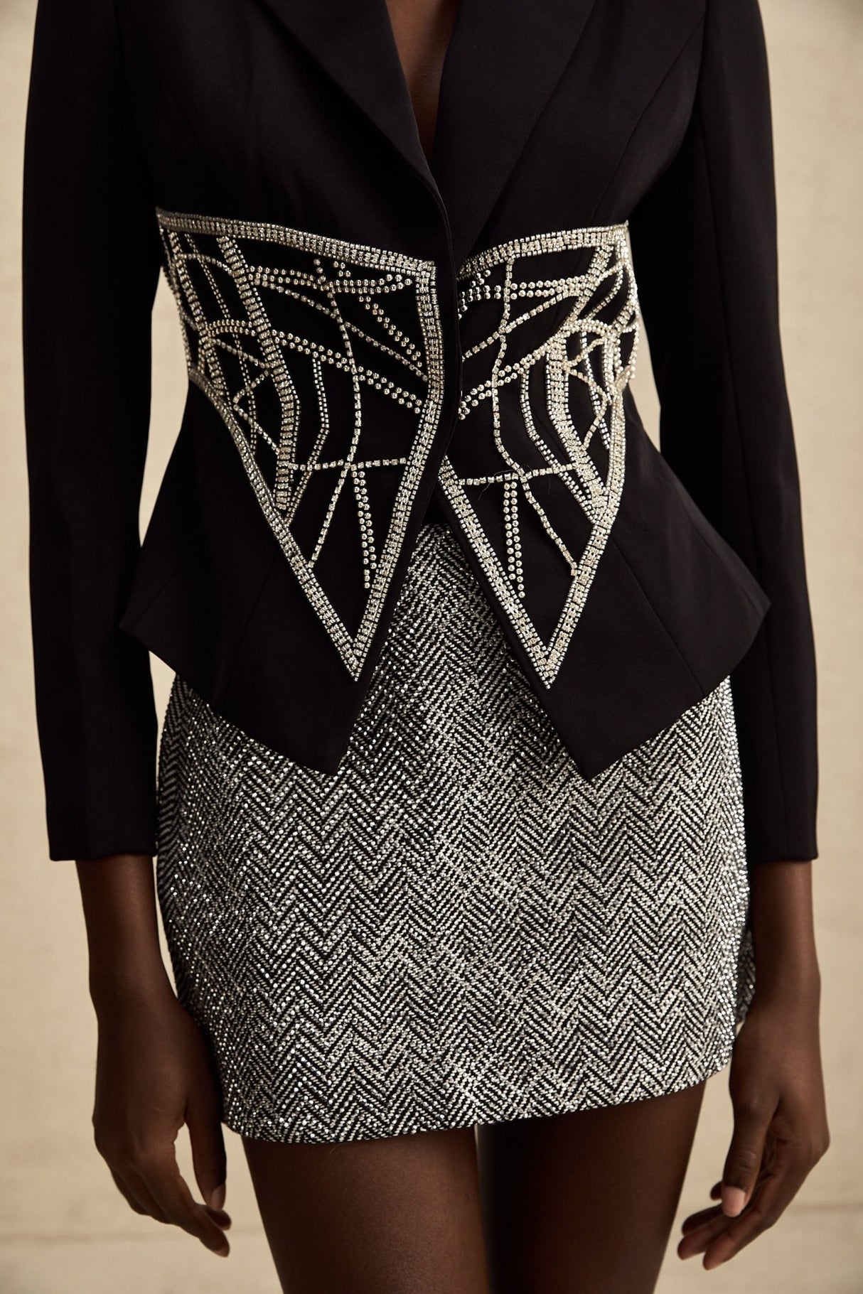 Yara Jacket Black Crystal Embellished Cinched Waist Slim Fit