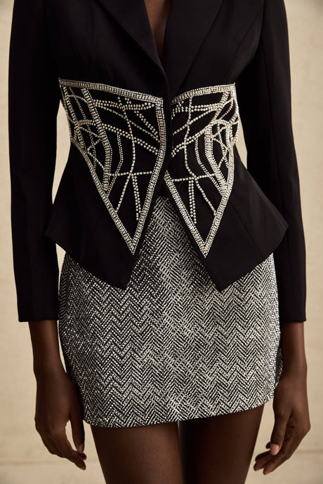 Yara Jacket Black Crystal Embellished Cinched Waist Slim Fit