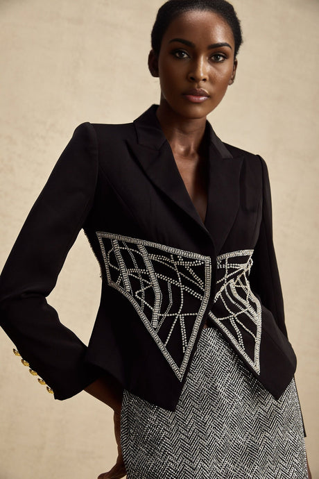 Yara Jacket Black Crystal Embellished Cinched Waist Slim Fit