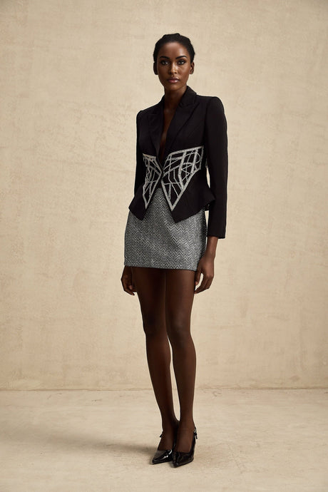 Yara Jacket Black Crystal Embellished Cinched Waist Slim Fit