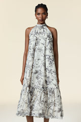 Yara White Floral Halter Tiered Midi Dress