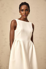 Yasmin Midi Dress White Sleeveless Bateau Neck Pleated Full Skirt & Scoop Back