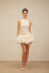 Yasmin Mini Dress - Halterneck Jacquard Puff Skirt