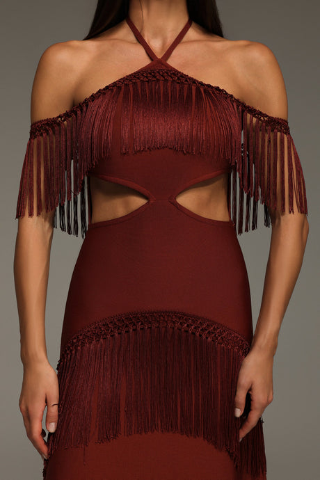Yasmin Red Bandage Halter Maxi Dress with Tassel Detailing