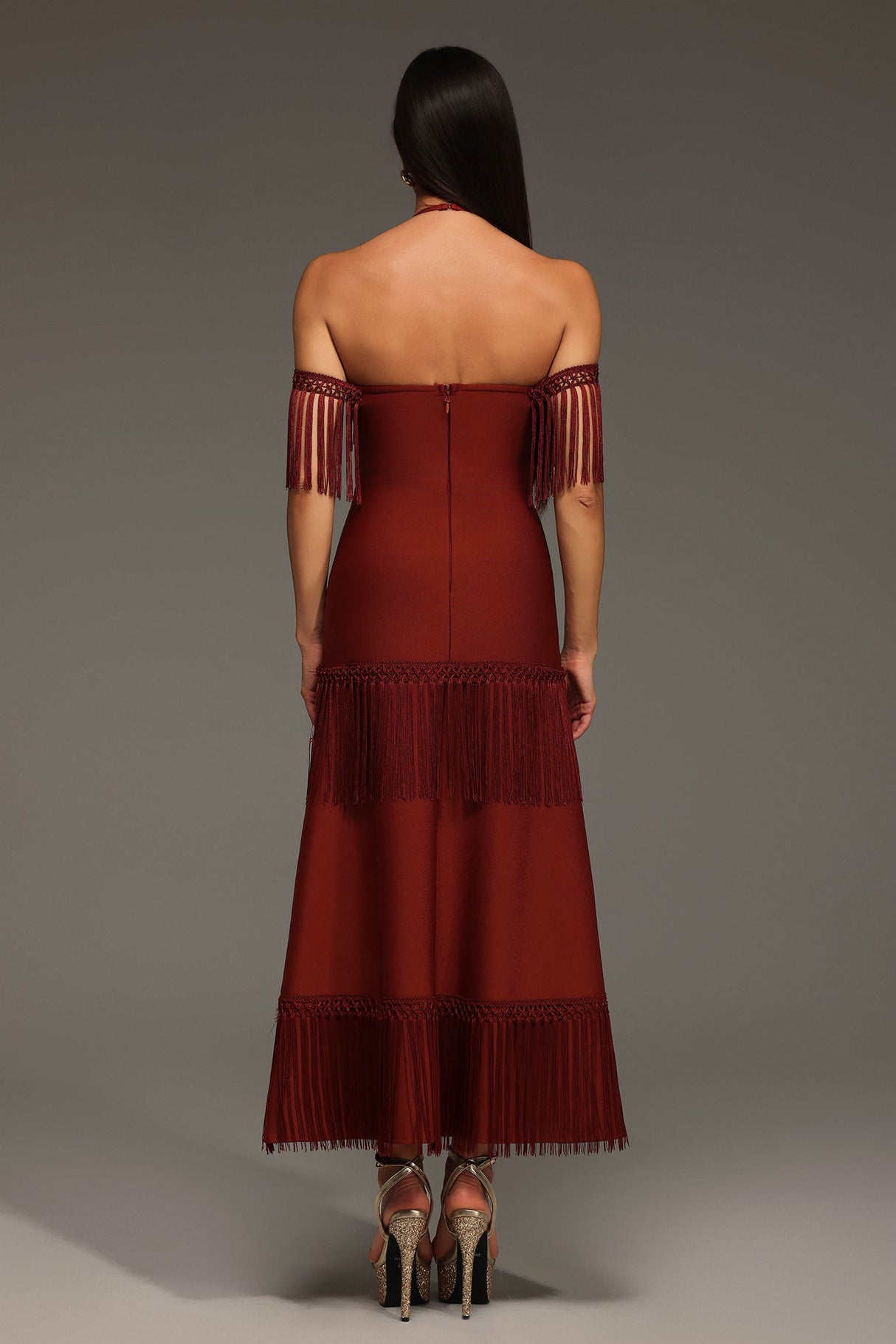 Yasmin Red Bandage Halter Maxi Dress with Tassel Detailing and Cut-Out Elements for Special Occasions
