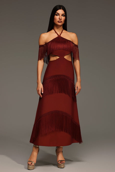 Yasmin Red Bandage Maxi Dress with Tassel Detailing and Cut-Out Elements