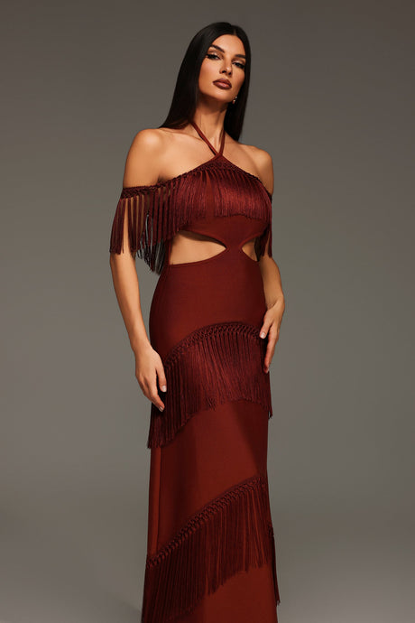 Yasmin Red Bandage Maxi Dress with Tassel Detailing and Cut-Out Elements