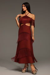 Yasmin Red Bandage Maxi Dress with Tassel Detailing and Cut-Out Elements