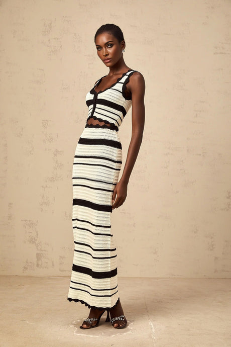 Yasmin Vest & Skirt Set Crochet Knit Horizontal Stripe Scallop Hem White & Black