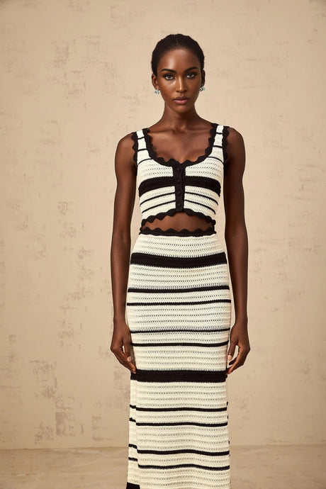 Yasmin Vest & Skirt Set Crochet Knit Horizontal Stripe Scallop Hem White & Black