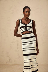 Yasmin Vest & Skirt Set Crochet Knit Horizontal Stripe Scallop Hem White & Black